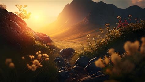 Premium AI Image | A sunset in the mountains with a mountain scene in ...