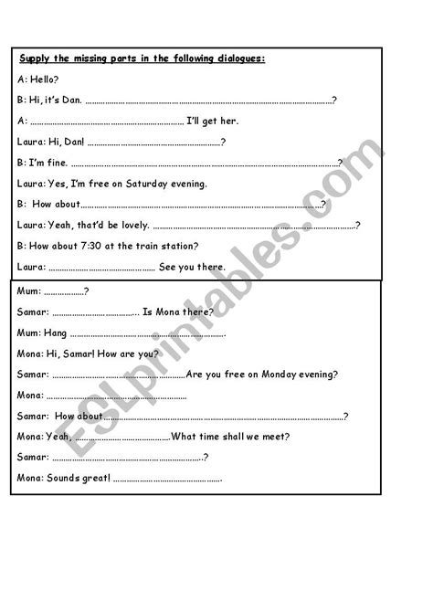 dialogue gap filling exercises - ESL worksheet by reham12378@hotmail.com