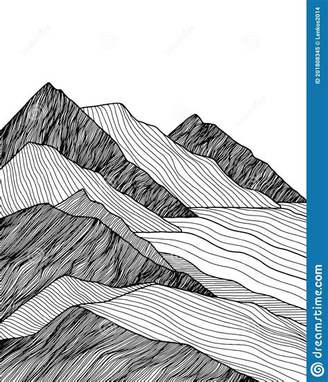 Abstract Mountain Line Art Landscape. Hand Drawn Illustration. Ocean ...