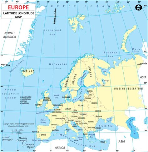 Europe Latitude and Longitude Map, Lat Long Maps of European Countries