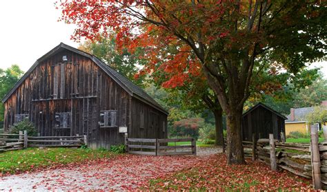 Old barn and autumn leaves. Rural landscape, travel and tourism ...