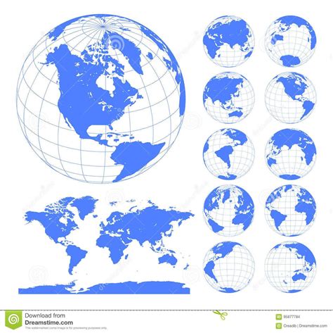 Globes showing earth with all continents. Digital world globe vector ...