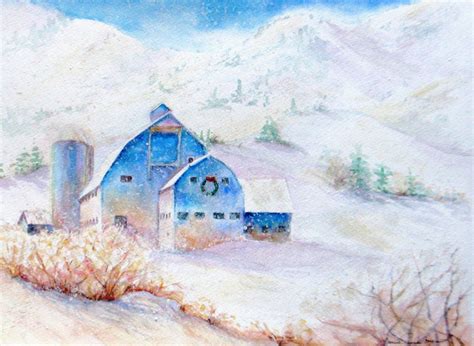 farm winter snow Original watercolor painting landscape barn