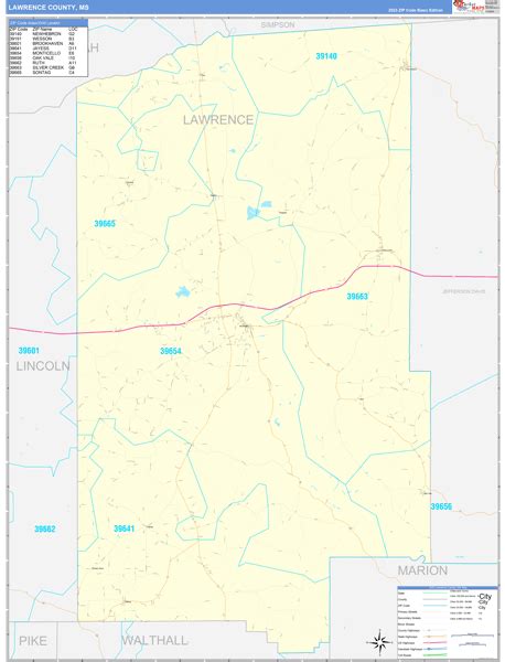 Lawrence County, MS Zip Code Wall Map Basic Style by MarketMAPS - MapSales