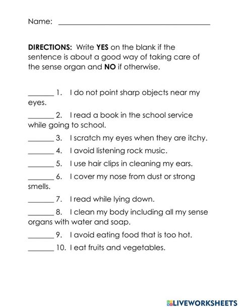 Taking Care of the Sense Organs worksheet | Kindergarten worksheets ...