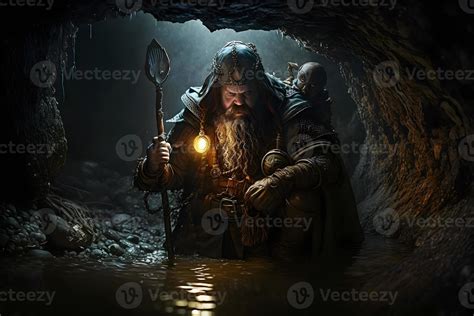 Warrior gnome in dark cave corridor with fantasy staff. Neural network ...