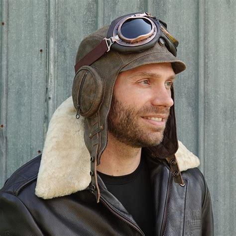 Leather Aviator Helmet | Vintage Brown Leather Pilot Hat With Goggles ...