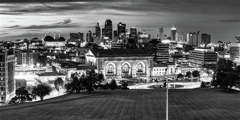 Downtown Kansas City Skyline Panoramic at Dusk in Black and White ...