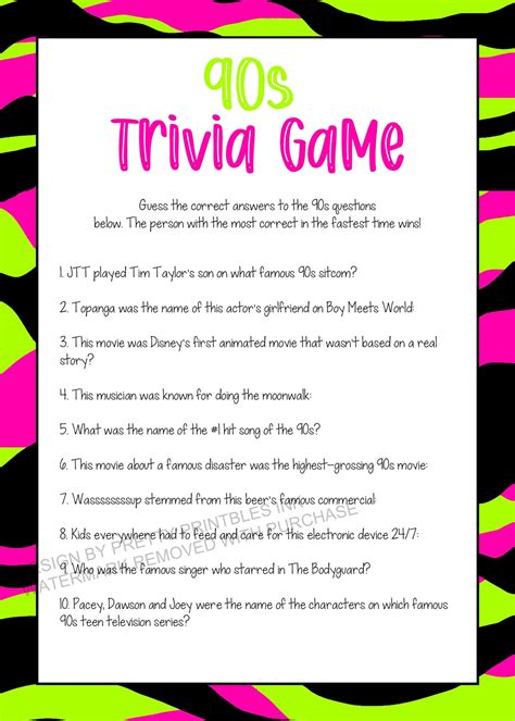 90s Trivia Game Printable Girls Night Game Virtual Party - Etsy Canada