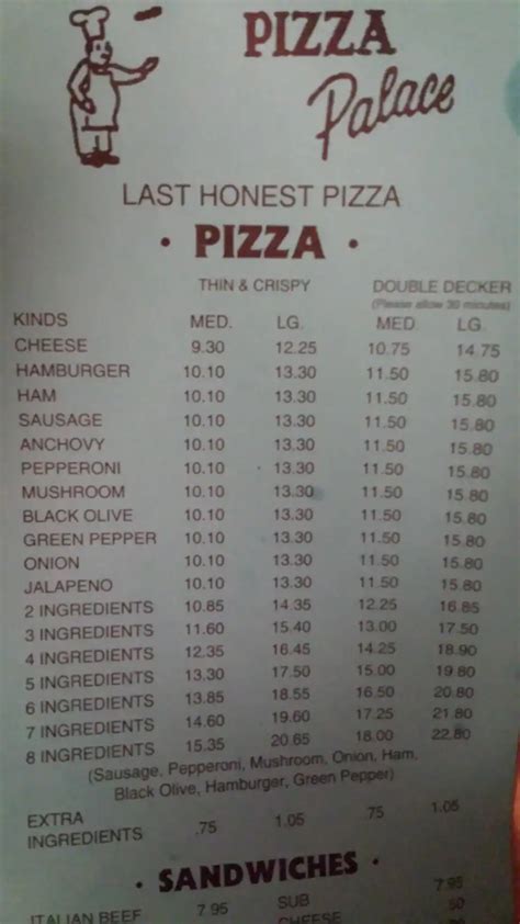 Menu at Pizza Palace pizzeria, Killeen