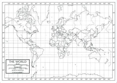 Black and White Printable World Map with Latitude and Longitude