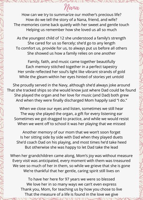 Nana Memorial Poem in Pink and White