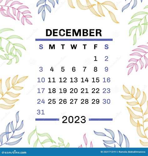 December. Calendar 2023. Leaves. Vector Leaf. Hand Drawn Repeating ...