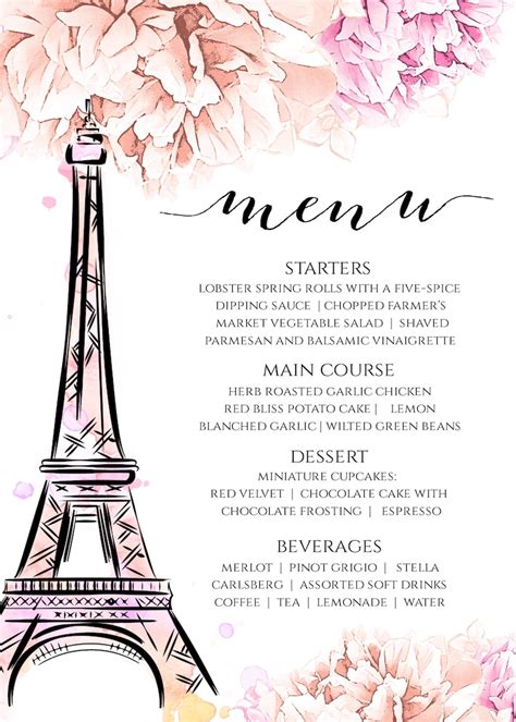 Paris Menu Card Template 5 x 7 Eiffel Tower Food | Etsy