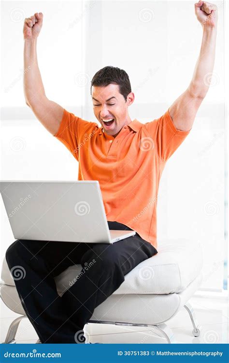 Happy Work At Home Male Working On Laptop Smiling Stock Photos - Image ...