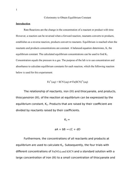 Colorimetry Lab - Colorimetry to Obtain Equilibrium Constant ...