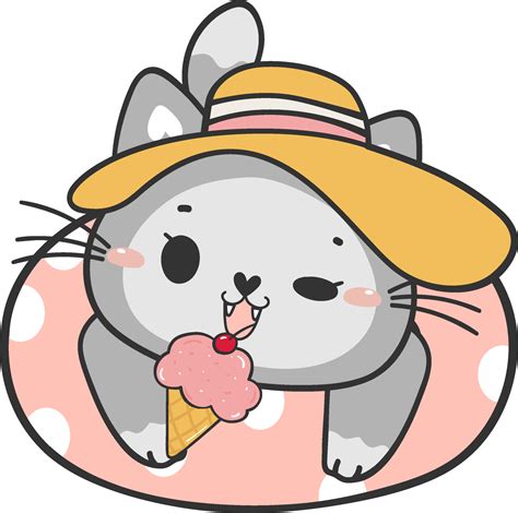 cute funny kitten cat in swimming ring summer time, cartoon doodle ...