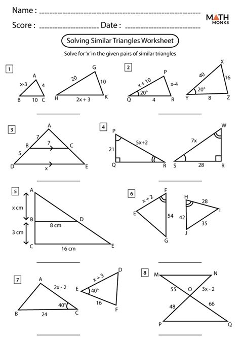 Similar Triangles Worksheets - Math Monks