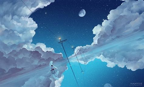 1366x768px | free download | HD wallpaper: anime, Moon, night, clouds ...