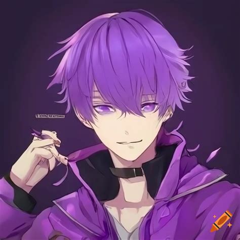 Anime guy with purple hair, purple eyes, and a purple jacket on Craiyon