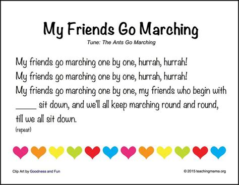 a poem with hearts on it that says, my friends go marching