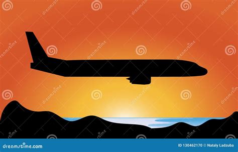 Airplane Silhouette at Sunset in the Air Stock Illustration ...