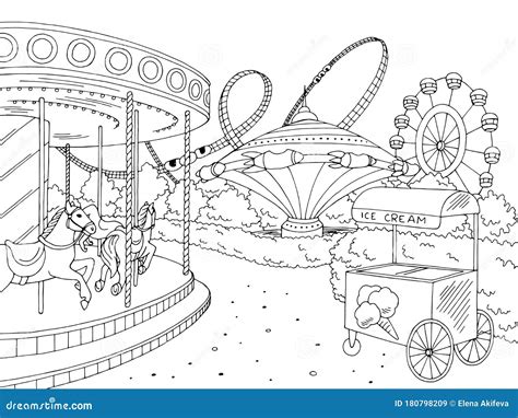 Amusement Park Landscape Graphic Black White Sketch Illustration Vector ...