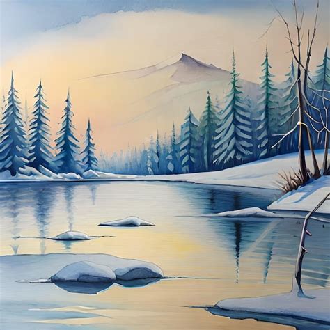 Premium AI Image | A painting of a snowy landscape with a mountain in ...