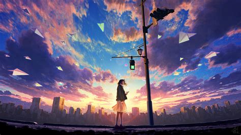 🔥 Free Download Anime Girl Sky Clouds Sunrise Scenery 4k Wallpaper by ...