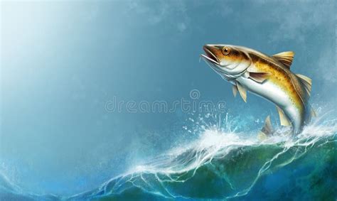 Alaska Pollock, Mintai Fish Jumping Out of Water Illustration Isolate ...