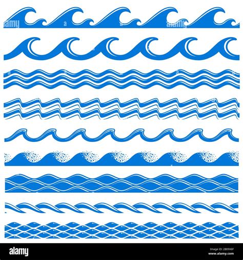 Sea water waves vector seamless borders set. Decorative wave sea ...