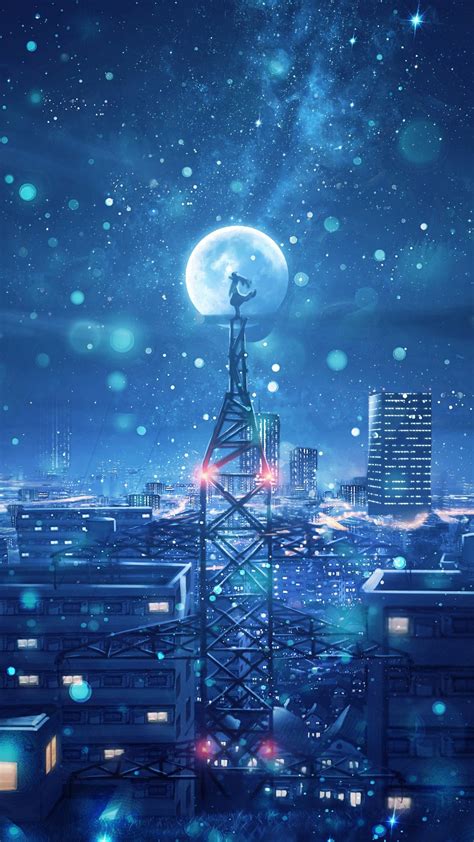 2160x3840 Blue Night Big Moon Anime Scenery 4k Sony Xperia X,XZ,Z5 ...