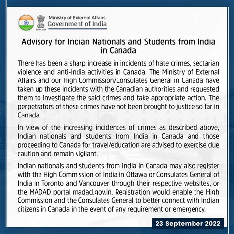 Ministry of External Affairs Advisory for Indian Nationals and Students ...