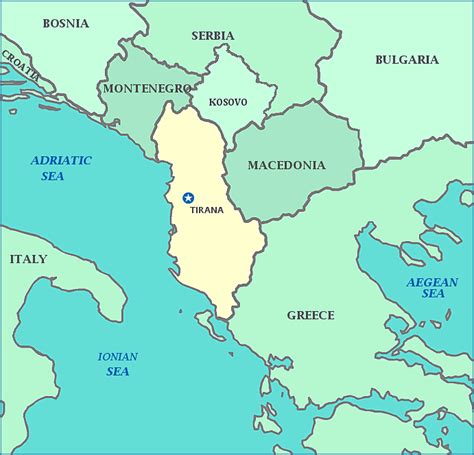 Albania map—map of Albania showing cities, Adriatic and Ionian seas