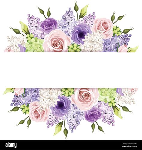 Background with pink, purple and white roses and lilac flowers. Vector ...