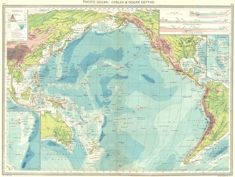 Pacific Ocean: Cables and Ocean Depths; Inset maps of Fiji Islands; 3 ...