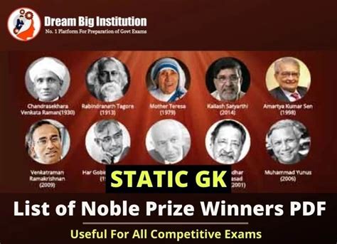 Indian Nobel Prize Winners List PDF - Dream Big Institution