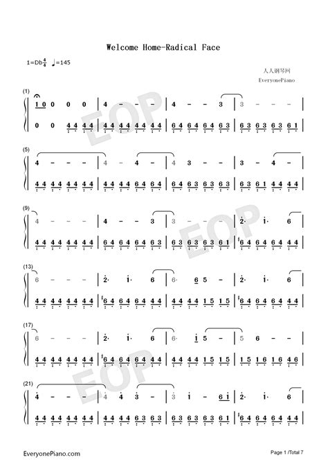 Welcome Home-Radical Face Numbered Musical Notation Preview