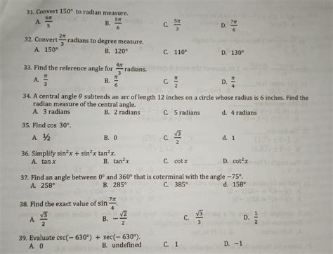 31. Convert 150 ° to radian measure. A. frac 6 π 5 frac 5 π 6 C. frac 5 ...