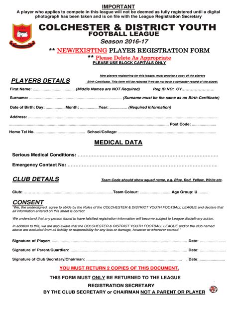 Youth Football Registration Form Template