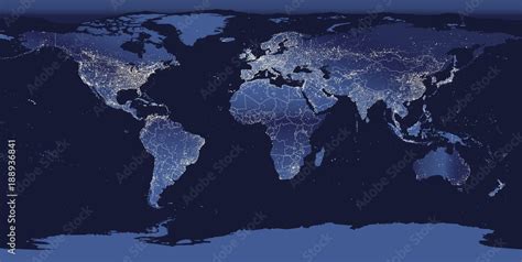 World city lights map. Night Earth view from space. Vector illustration ...