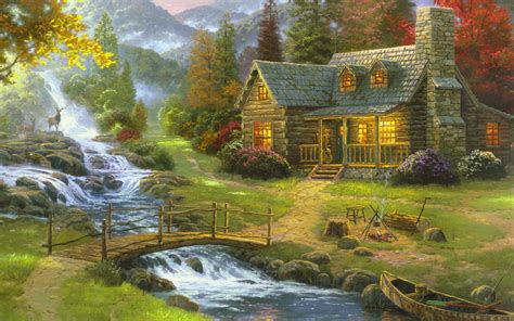 Free download | HD wallpaper: house near river painting, building ...