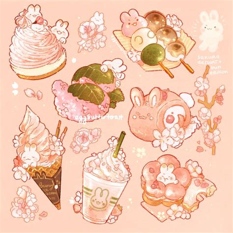 an illustration of various desserts and drinks on a pink background ...