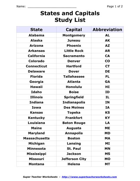 Printable List Of 50 States