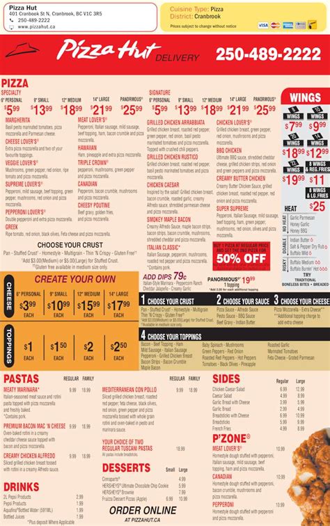 Pizza Hut Printable Menu