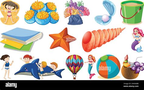 Set of summer beach objects and cartoon characters illustration Stock ...