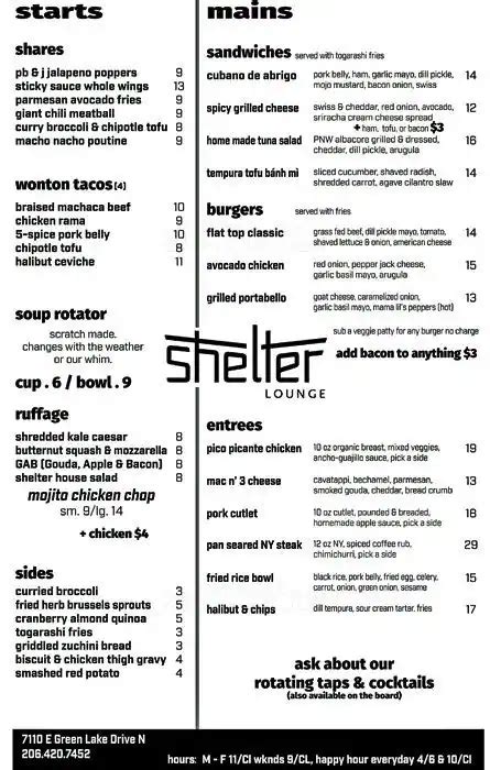 Shelter Lounge Menu, Menu for Shelter Lounge, Green Lake, Seattle ...