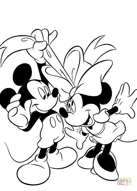 Mickey Mouse Pulling Minnie Mouse's Bow coloring page | Free Printable ...