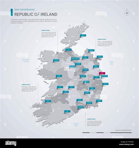 Republic of Ireland vector map with infographic elements, pointer marks ...