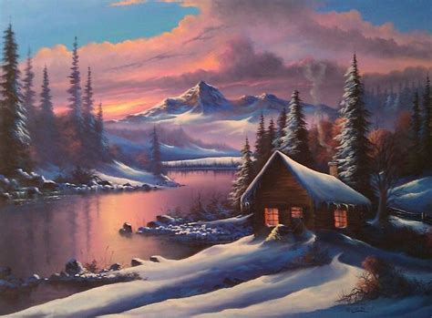 Sunset winter cabin painting | Winter painting, Winter landscape ...